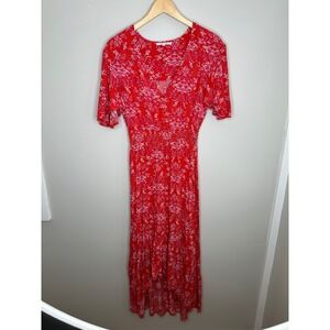 Abel The Label Women's Red Floral Print Midi High Low Dress Flutter Sleeve Small